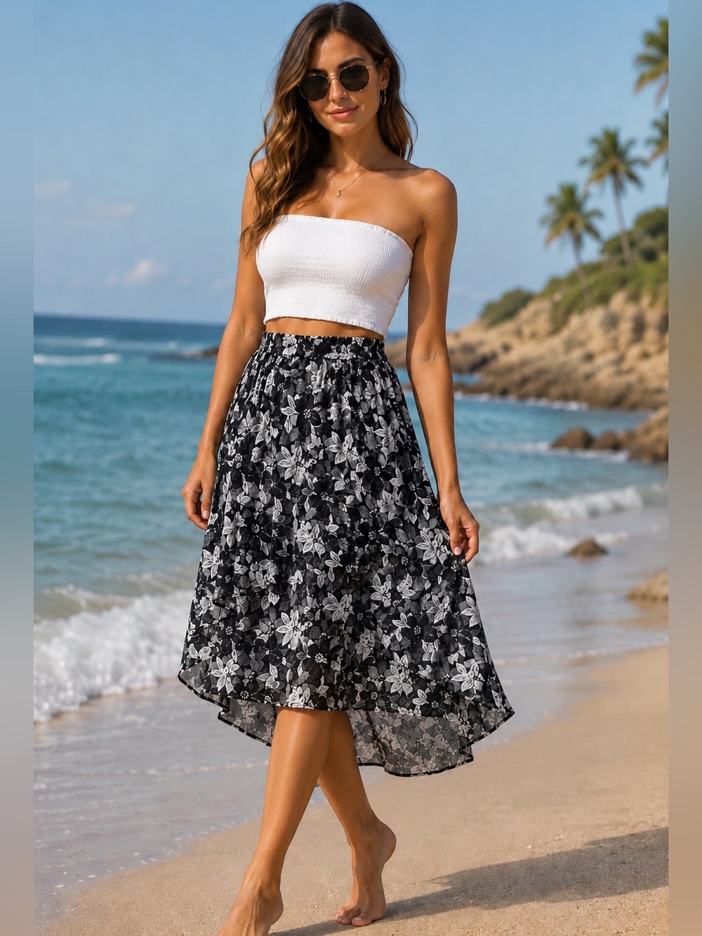 The Korner High Low Hem Chiffon Flowy Skirt Black White Semi Casual.